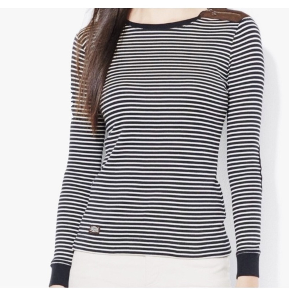 Lauren Ralph Lauren Black and White Striped Elbow Patch Long Sleeve Top Size M